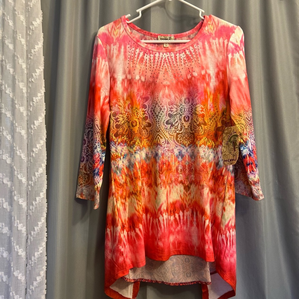 50%OFF W❤️ ONE WORLD Asymmetrical Sleeve Tunic slit back boho hippie size M 504